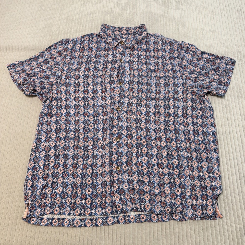 Tommy Bahama Hawaiian 100% Silk Shirt Mens 2XL Blue‎ AOP Short Sleeve Camp